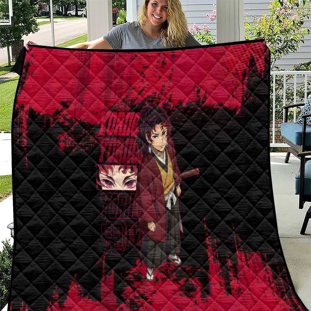 Yoriichi Tsugikuni Demon Slayer Red Grunge Design Quilt with Intense Eyes and Sword Stance - The Mazicc