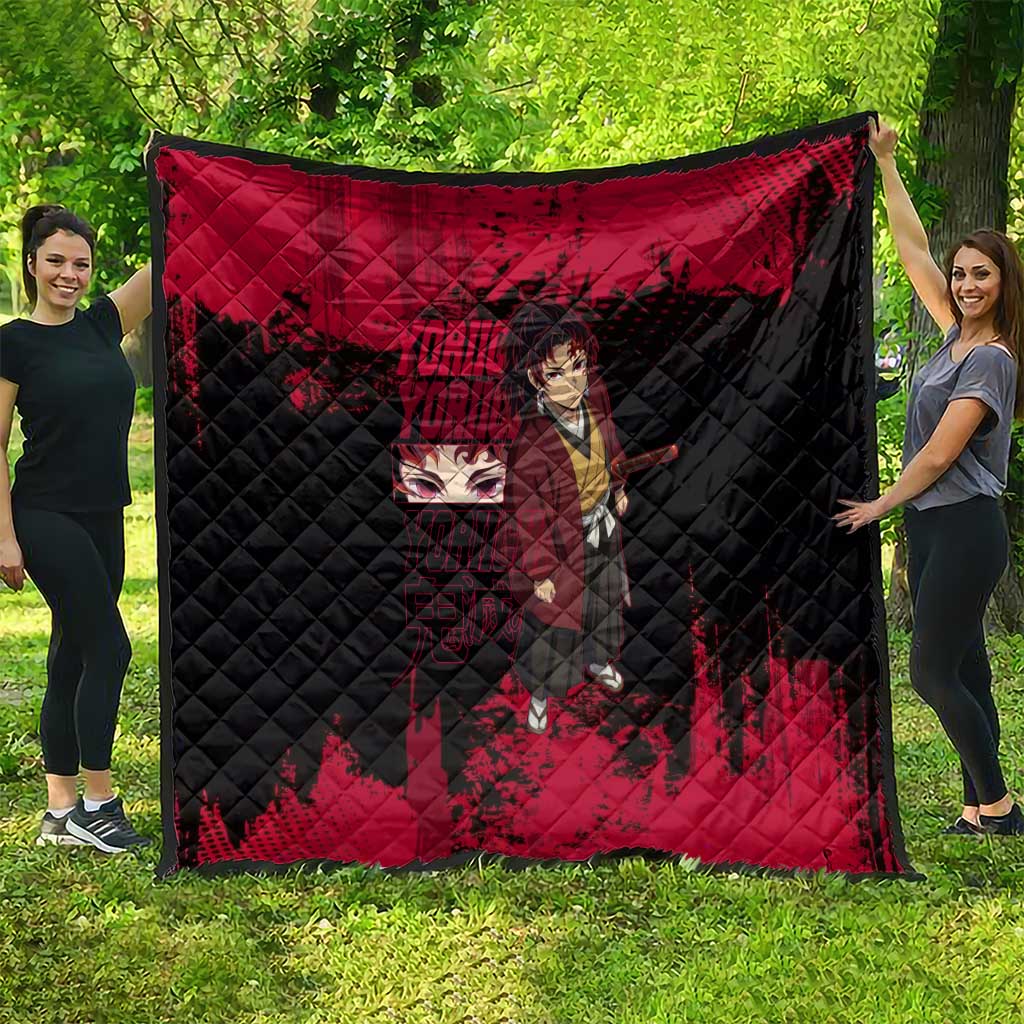 Yoriichi Tsugikuni Demon Slayer Red Grunge Design Quilt with Intense Eyes and Sword Stance - The Mazicc