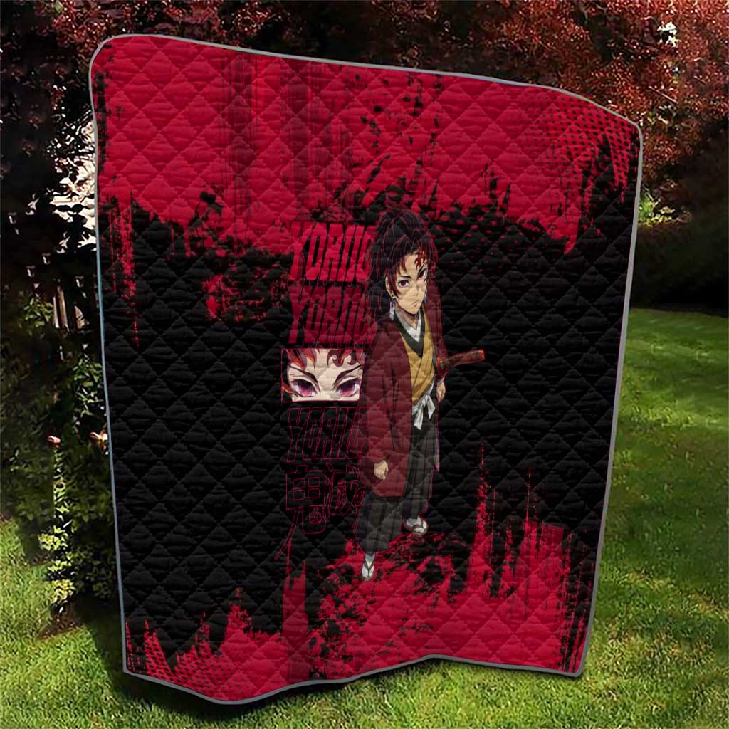 Yoriichi Tsugikuni Demon Slayer Red Grunge Design Quilt with Intense Eyes and Sword Stance - The Mazicc