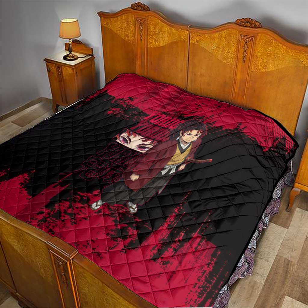 Yoriichi Tsugikuni Demon Slayer Red Grunge Design Quilt with Intense Eyes and Sword Stance - The Mazicc