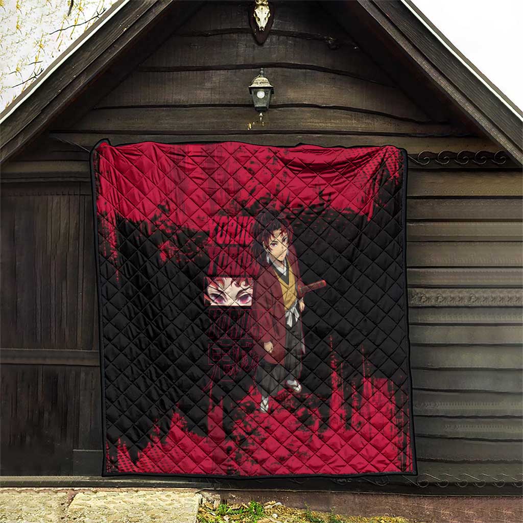 Yoriichi Tsugikuni Demon Slayer Red Grunge Design Quilt with Intense Eyes and Sword Stance - The Mazicc