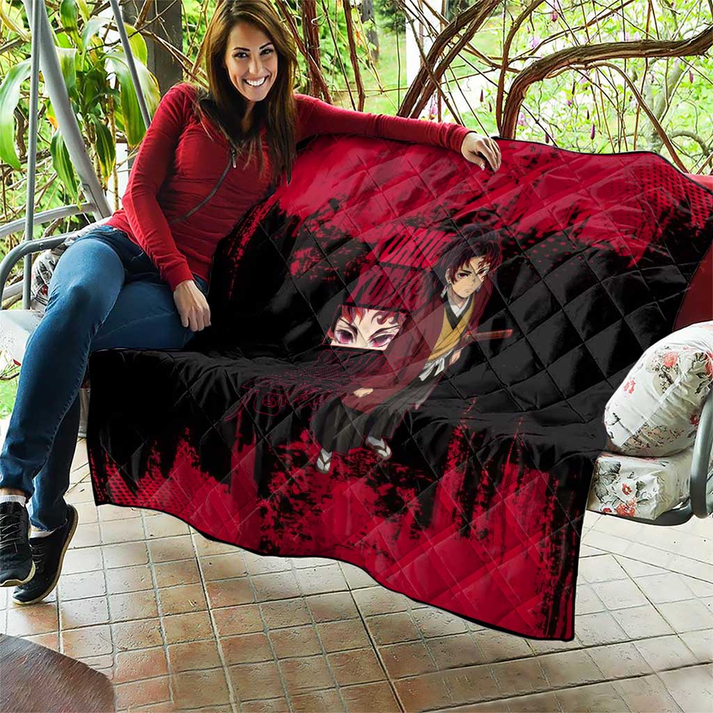 Yoriichi Tsugikuni Demon Slayer Red Grunge Design Quilt with Intense Eyes and Sword Stance - The Mazicc