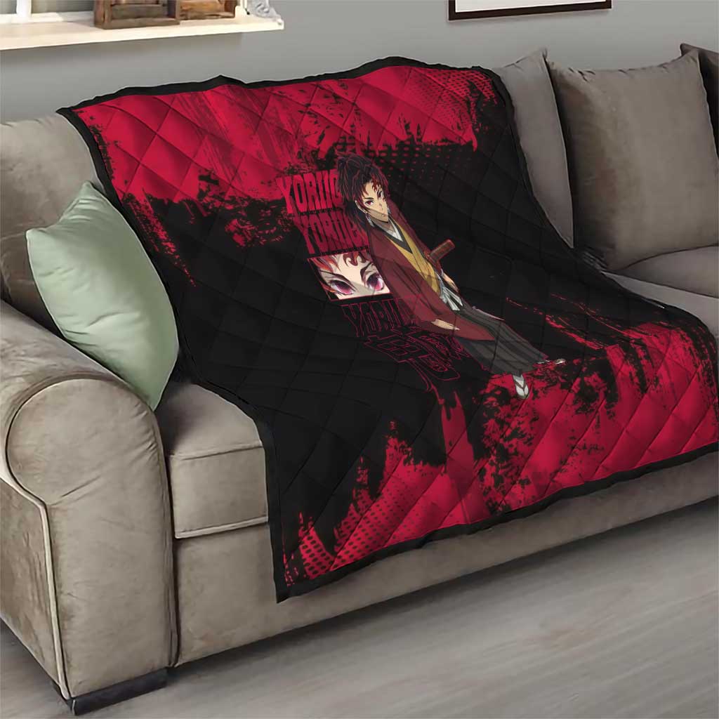 Yoriichi Tsugikuni Demon Slayer Red Grunge Design Quilt with Intense Eyes and Sword Stance - The Mazicc