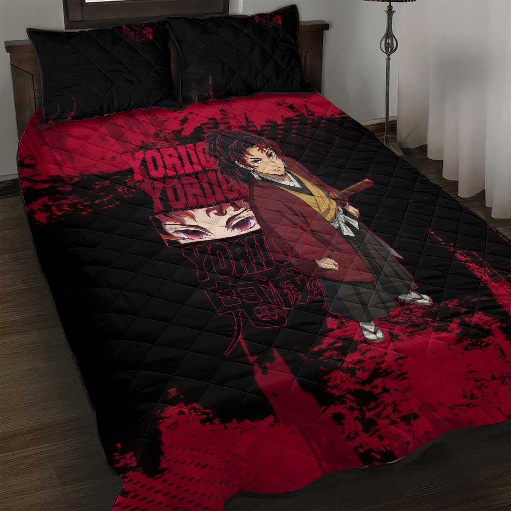 Yoriichi Tsugikuni Demon Slayer Red Grunge Design Quilt Bed Set with Intense Eyes and Sword Stance - The Mazicc