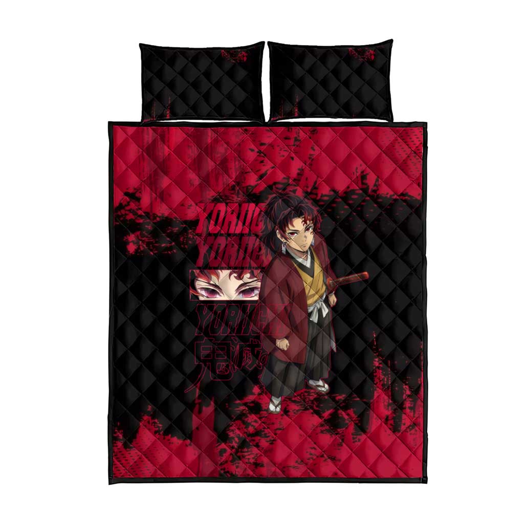 Yoriichi Tsugikuni Demon Slayer Red Grunge Design Quilt Bed Set with Intense Eyes and Sword Stance - The Mazicc
