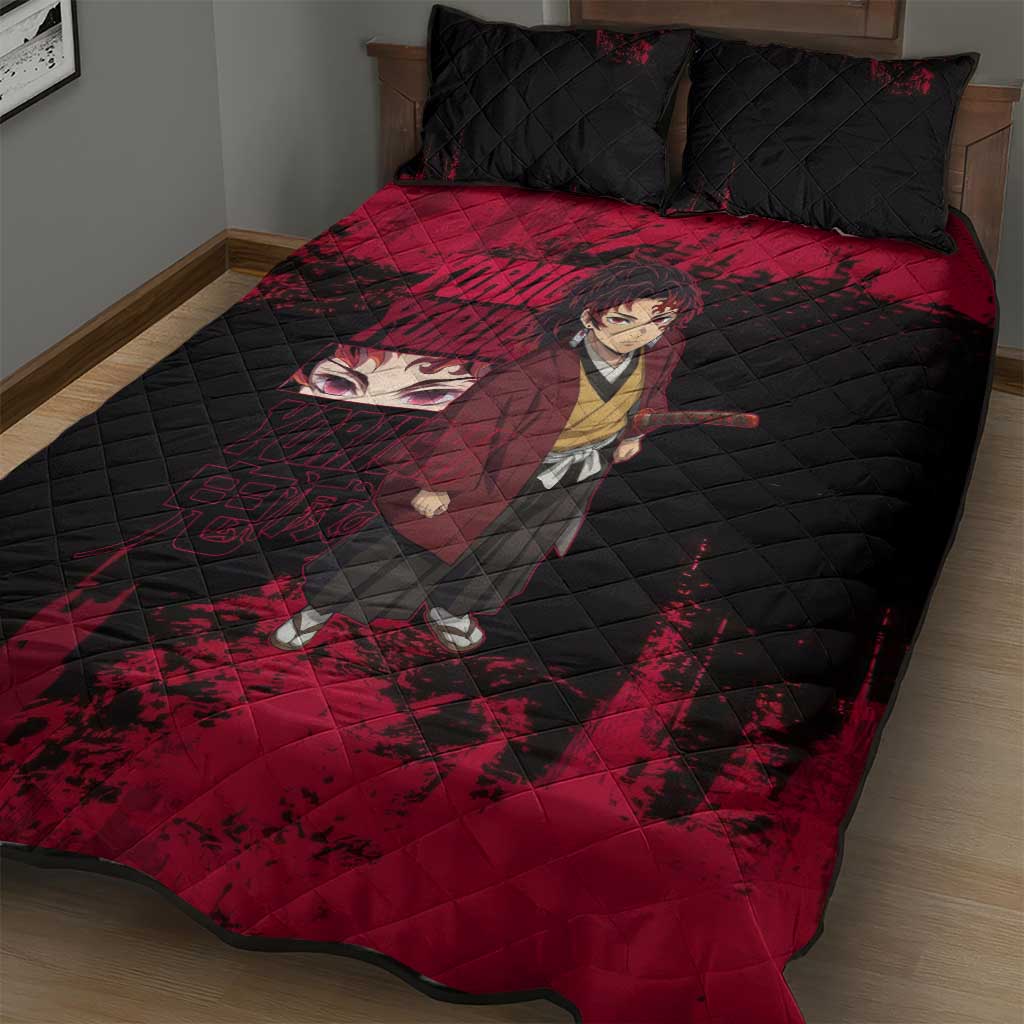 Yoriichi Tsugikuni Demon Slayer Red Grunge Design Quilt Bed Set with Intense Eyes and Sword Stance - The Mazicc