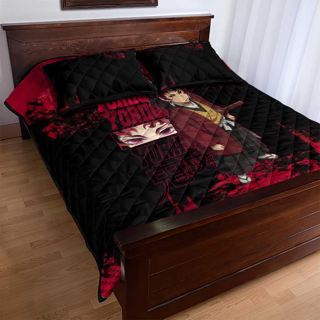 Yoriichi Tsugikuni Demon Slayer Red Grunge Design Quilt Bed Set with Intense Eyes and Sword Stance - The Mazicc