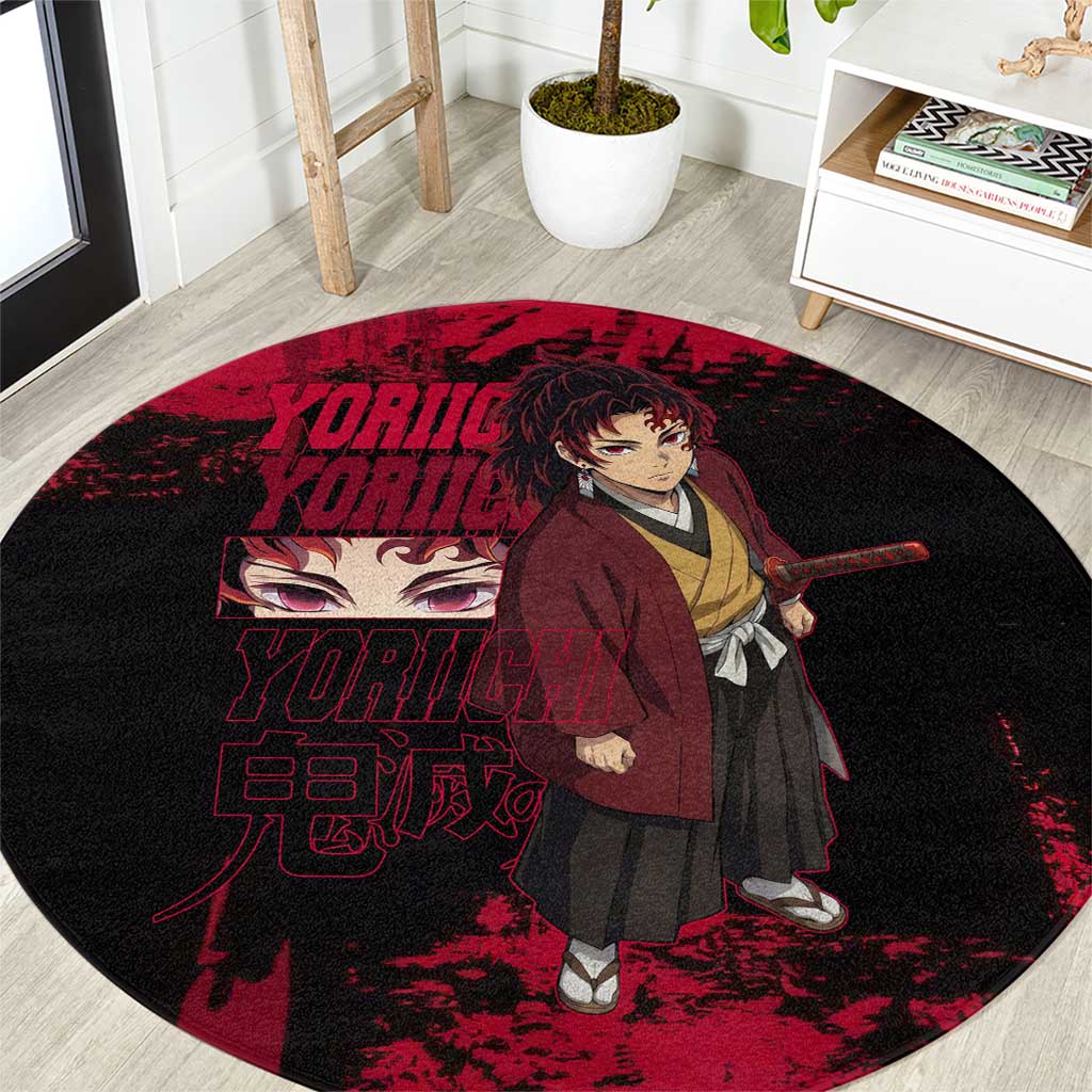 Yoriichi Tsugikuni Demon Slayer Red Grunge Design Round Carpet with Intense Eyes and Sword Stance - The Mazicc