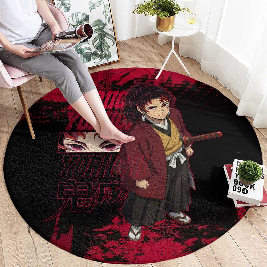 Yoriichi Tsugikuni Demon Slayer Red Grunge Design Round Carpet with Intense Eyes and Sword Stance - The Mazicc