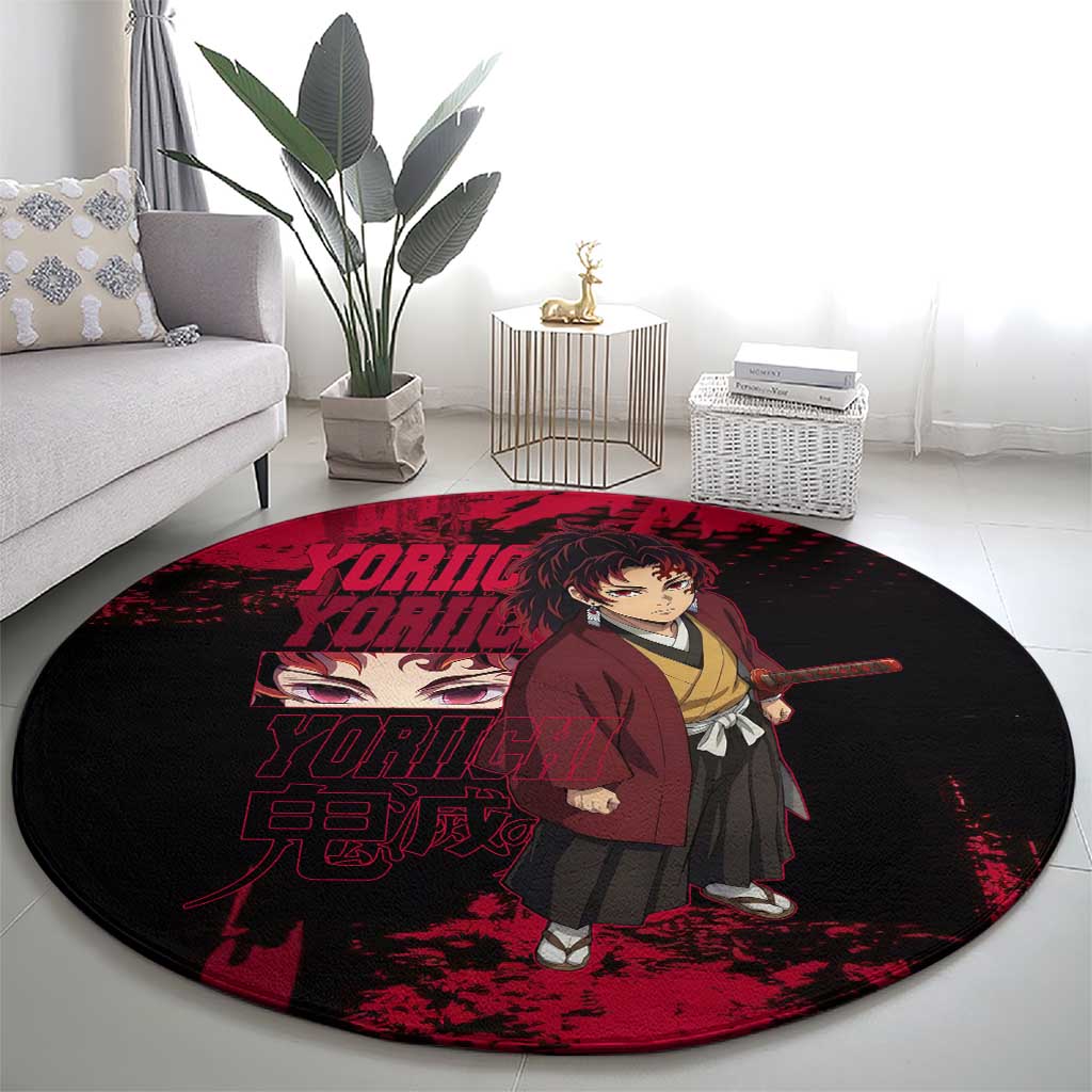 Yoriichi Tsugikuni Demon Slayer Red Grunge Design Round Carpet with Intense Eyes and Sword Stance - The Mazicc