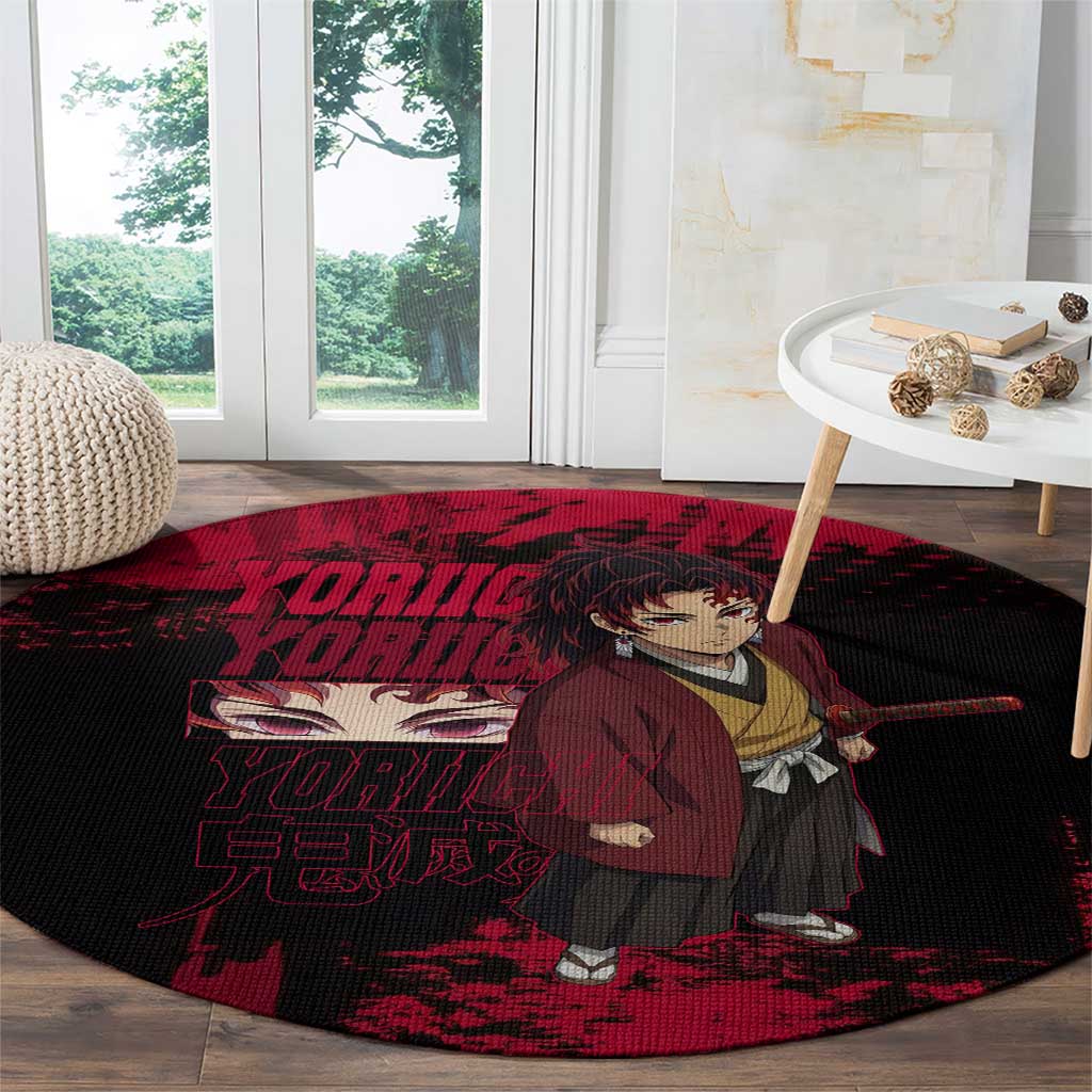 Yoriichi Tsugikuni Demon Slayer Red Grunge Design Round Carpet with Intense Eyes and Sword Stance - The Mazicc