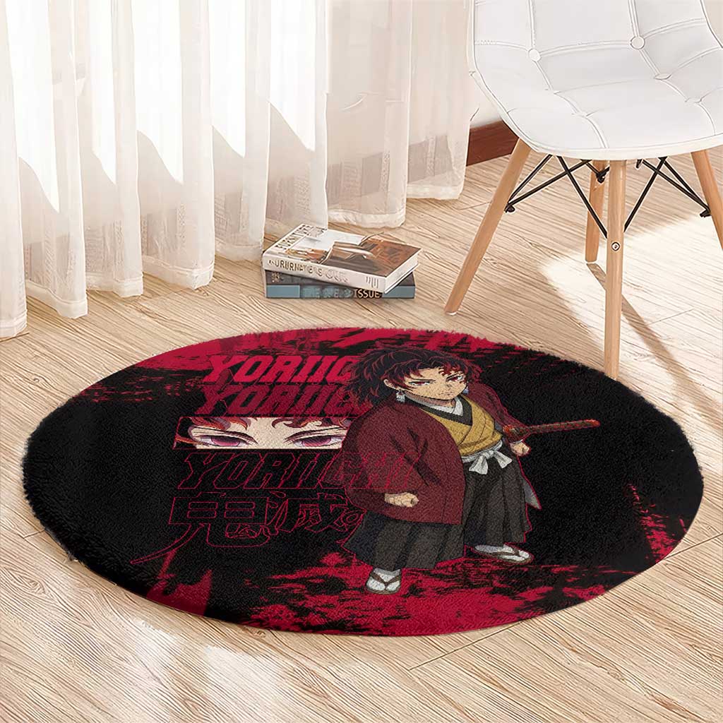 Yoriichi Tsugikuni Demon Slayer Red Grunge Design Round Carpet with Intense Eyes and Sword Stance - The Mazicc