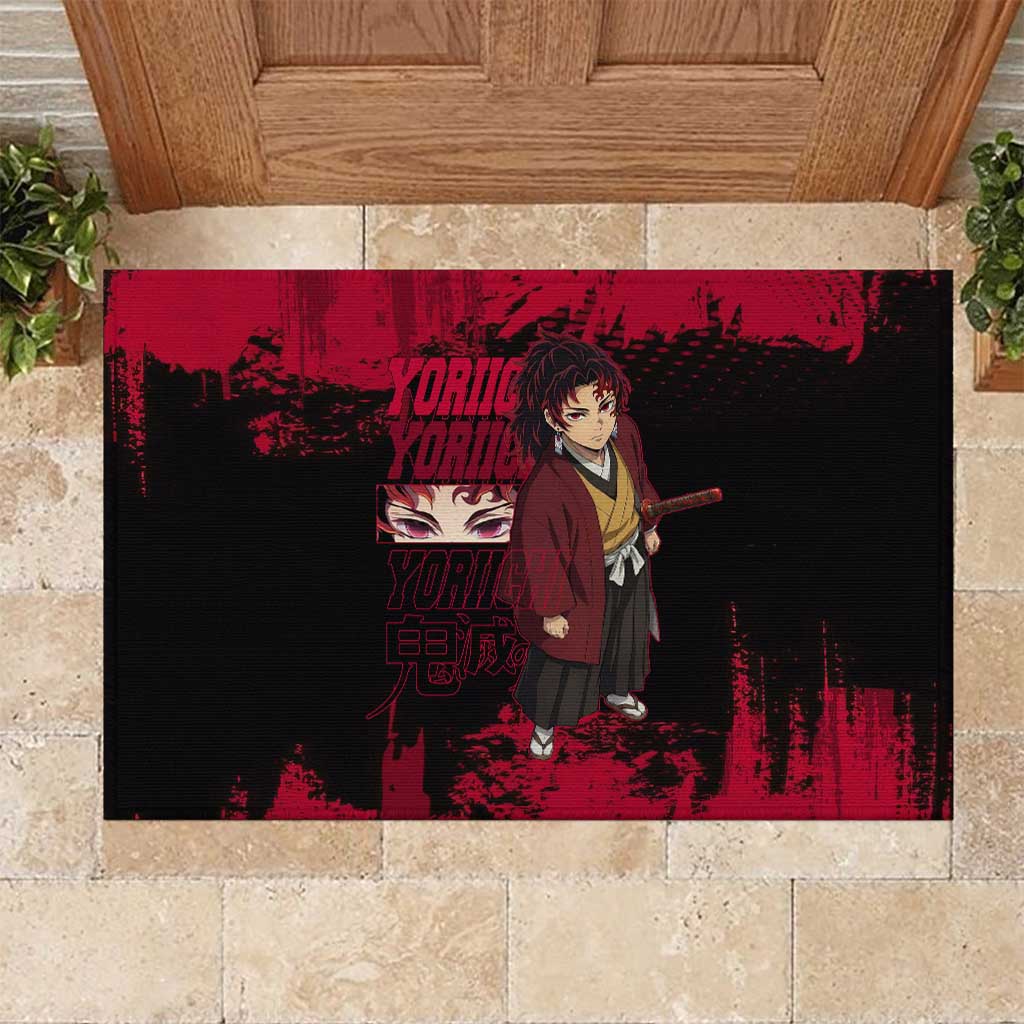 Yoriichi Tsugikuni Demon Slayer Red Grunge Design Rubber Doormat with Intense Eyes and Sword Stance - The Mazicc