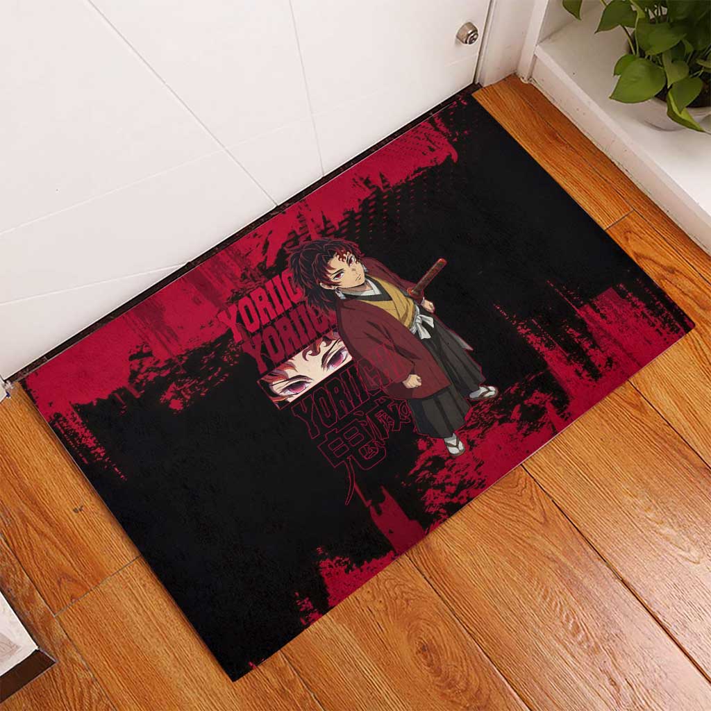 Yoriichi Tsugikuni Demon Slayer Red Grunge Design Rubber Doormat with Intense Eyes and Sword Stance - The Mazicc