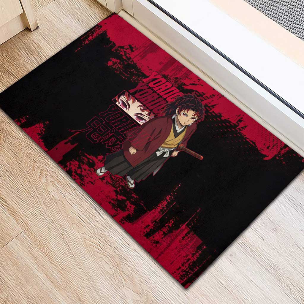 Yoriichi Tsugikuni Demon Slayer Red Grunge Design Rubber Doormat with Intense Eyes and Sword Stance - The Mazicc