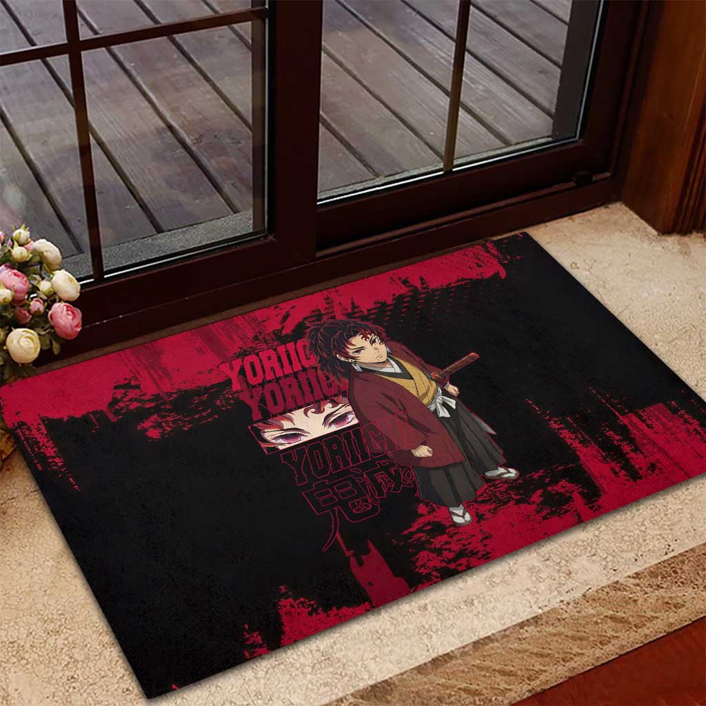 Yoriichi Tsugikuni Demon Slayer Red Grunge Design Rubber Doormat with Intense Eyes and Sword Stance - The Mazicc