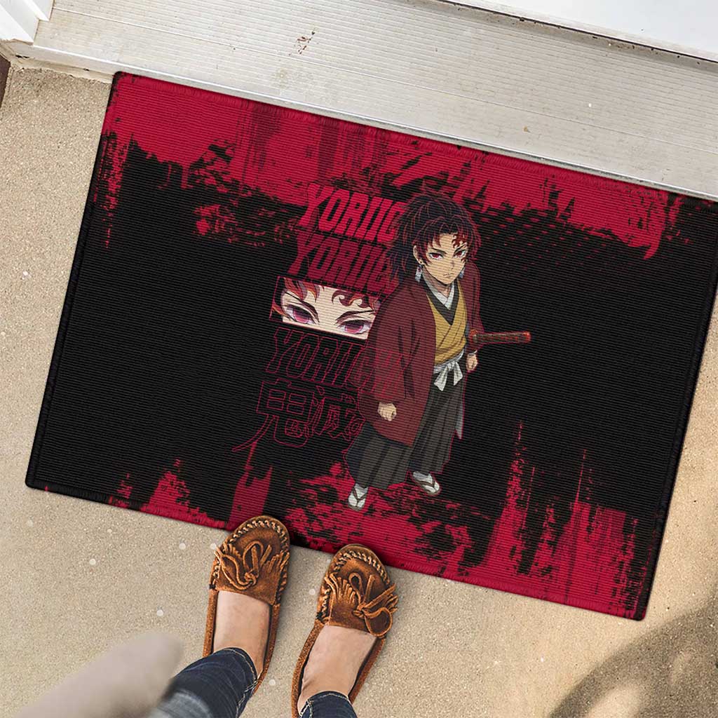 Yoriichi Tsugikuni Demon Slayer Red Grunge Design Rubber Doormat with Intense Eyes and Sword Stance - The Mazicc