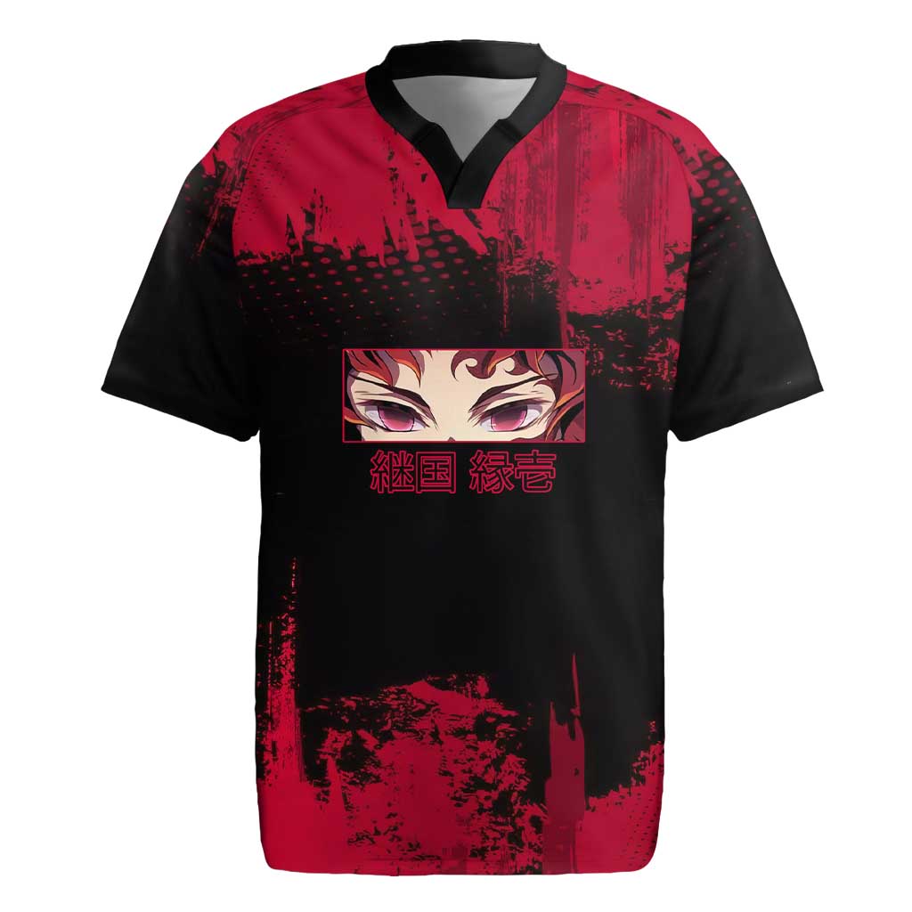 Yoriichi Tsugikuni Demon Slayer Red Grunge Design Rugby Jersey with Intense Eyes and Sword Stance - The Mazicc