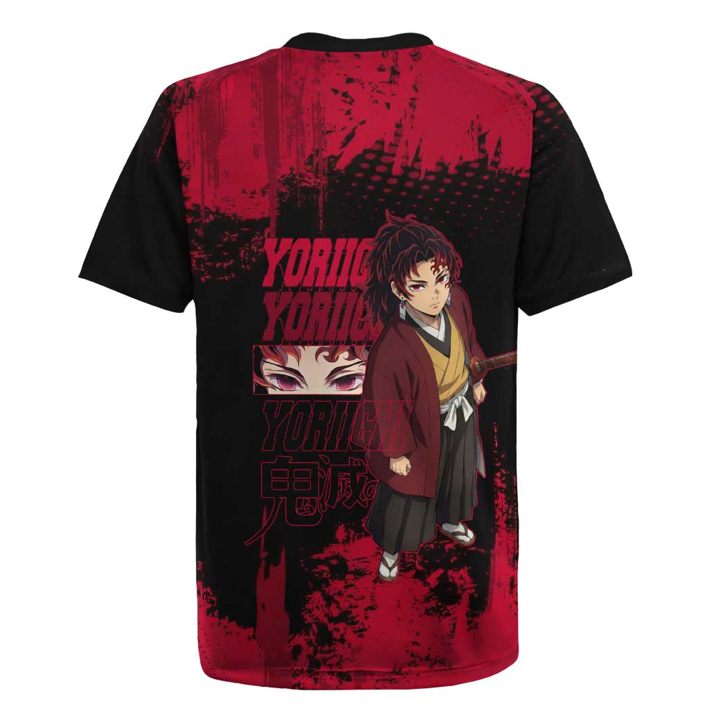 Yoriichi Tsugikuni Demon Slayer Red Grunge Design Rugby Jersey with Intense Eyes and Sword Stance - The Mazicc