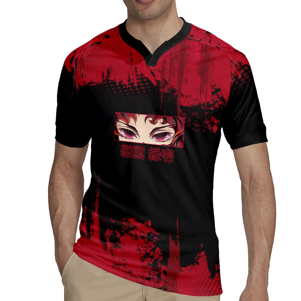 Yoriichi Tsugikuni Demon Slayer Red Grunge Design Rugby Jersey with Intense Eyes and Sword Stance - The Mazicc