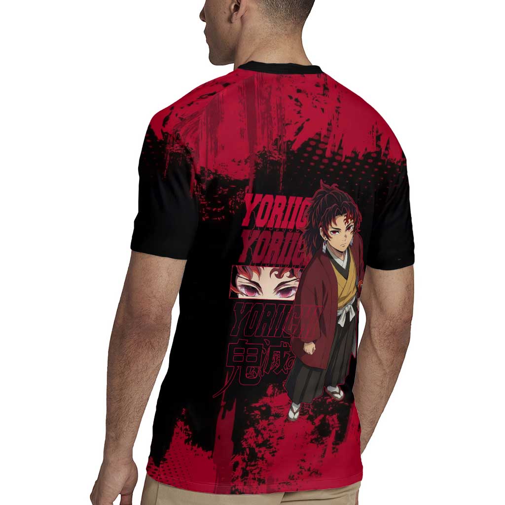 Yoriichi Tsugikuni Demon Slayer Red Grunge Design Rugby Jersey with Intense Eyes and Sword Stance - The Mazicc