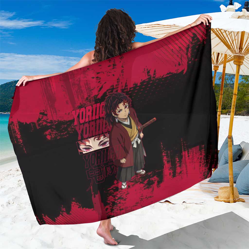 Yoriichi Tsugikuni Demon Slayer Red Grunge Design Sarong with Intense Eyes and Sword Stance - The Mazicc