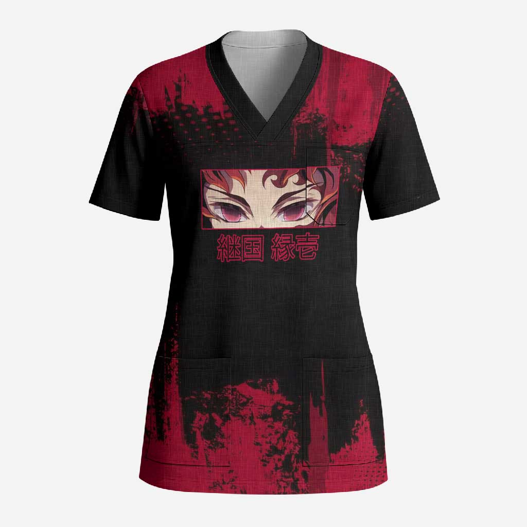 Yoriichi Tsugikuni Demon Slayer Red Grunge Design Scrub Top with Intense Eyes and Sword Stance - The Mazicc