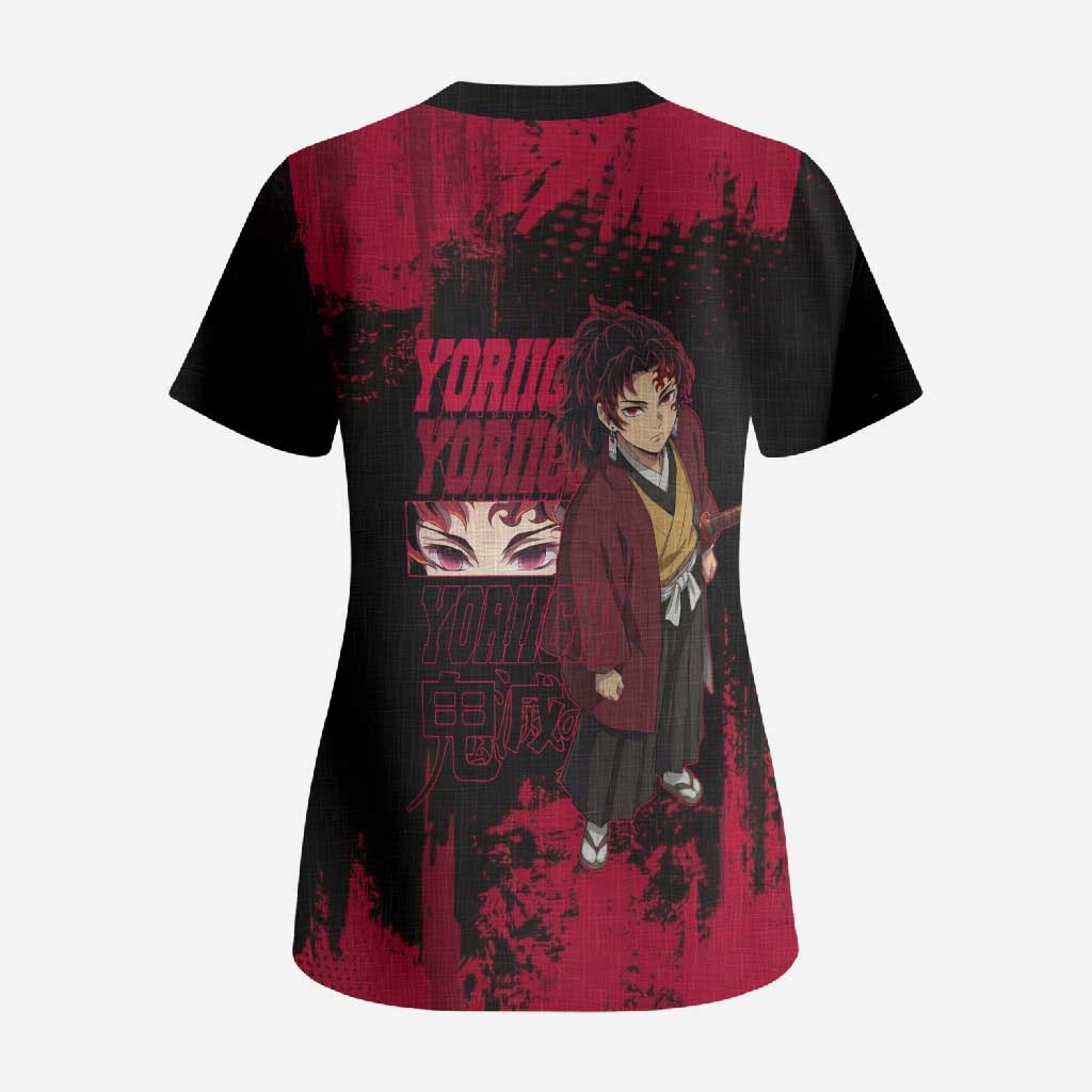 Yoriichi Tsugikuni Demon Slayer Red Grunge Design Scrub Top with Intense Eyes and Sword Stance - The Mazicc