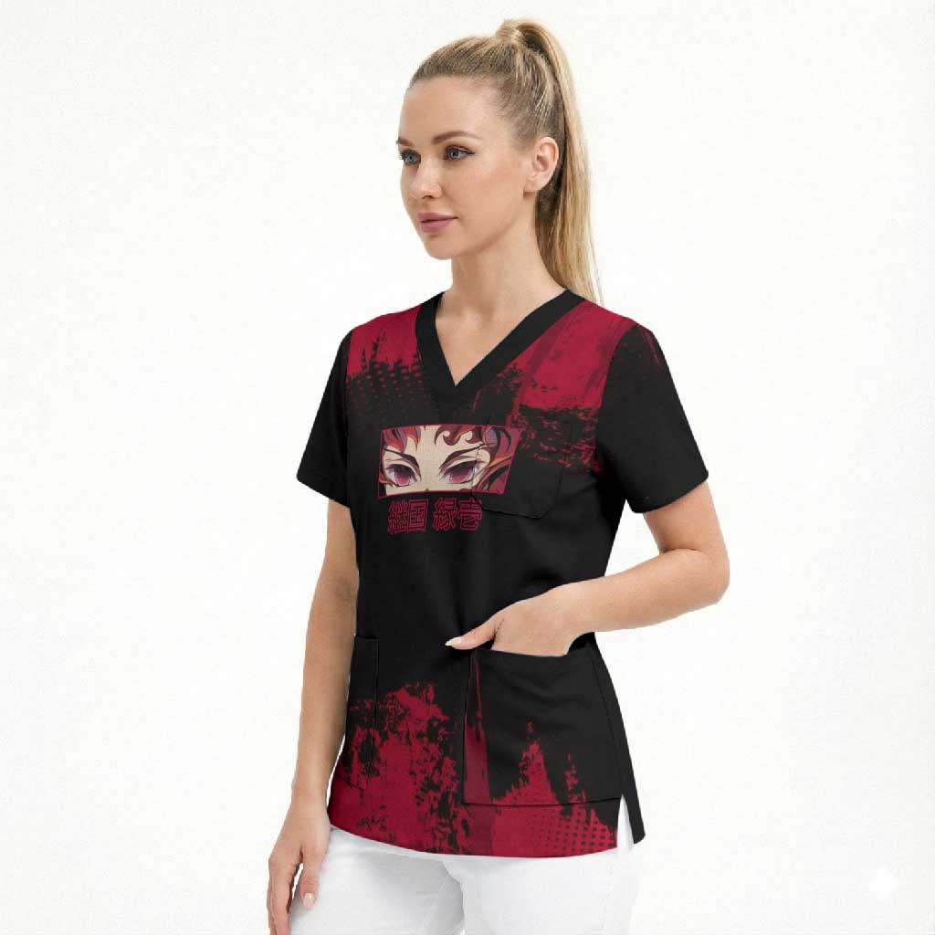 Yoriichi Tsugikuni Demon Slayer Red Grunge Design Scrub Top with Intense Eyes and Sword Stance - The Mazicc