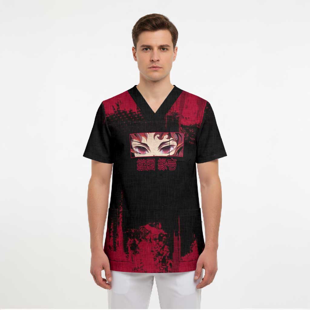Yoriichi Tsugikuni Demon Slayer Red Grunge Design Scrub Top with Intense Eyes and Sword Stance - The Mazicc