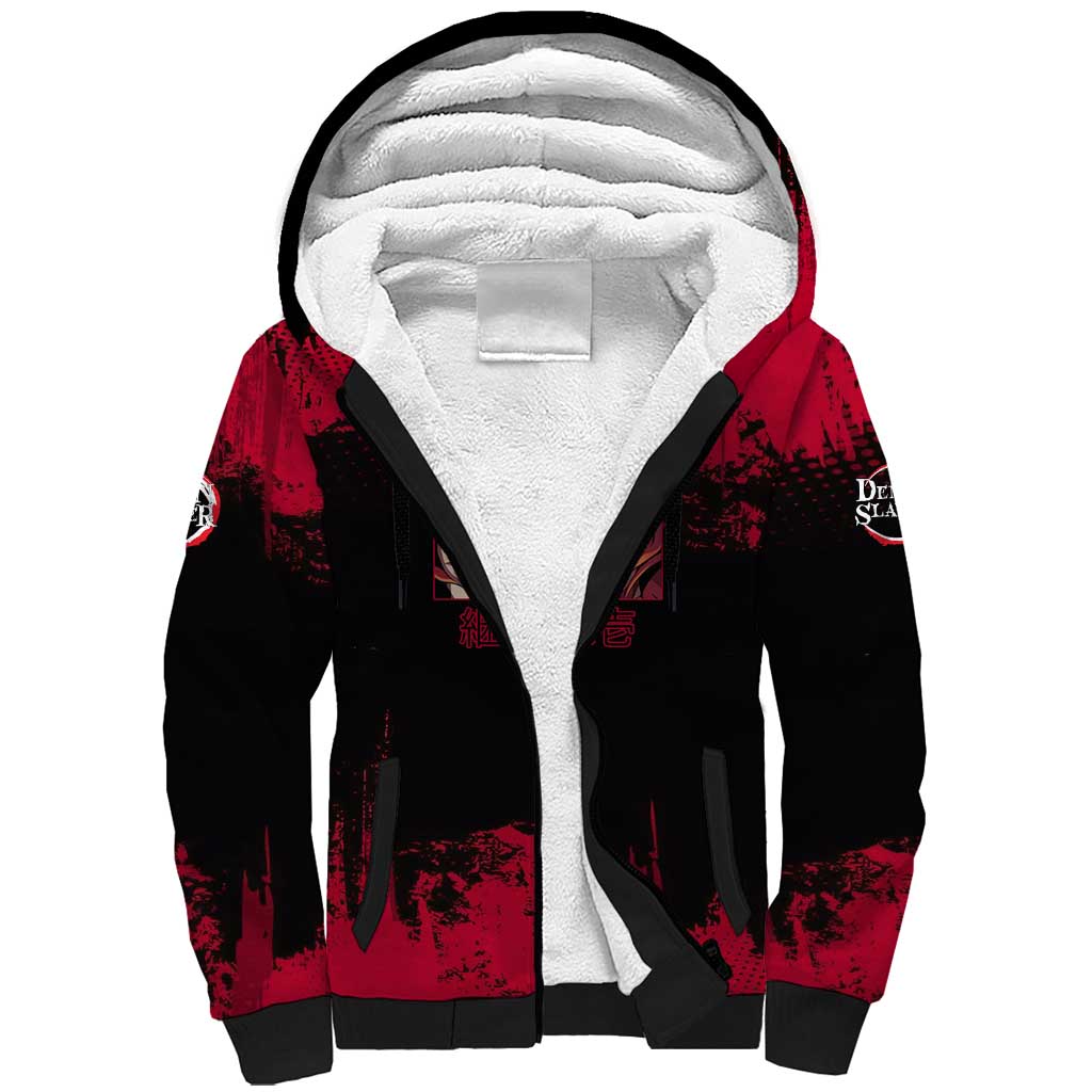 Yoriichi Tsugikuni Demon Slayer Red Grunge Design Sherpa Hoodie with Intense Eyes and Sword Stance - The Mazicc