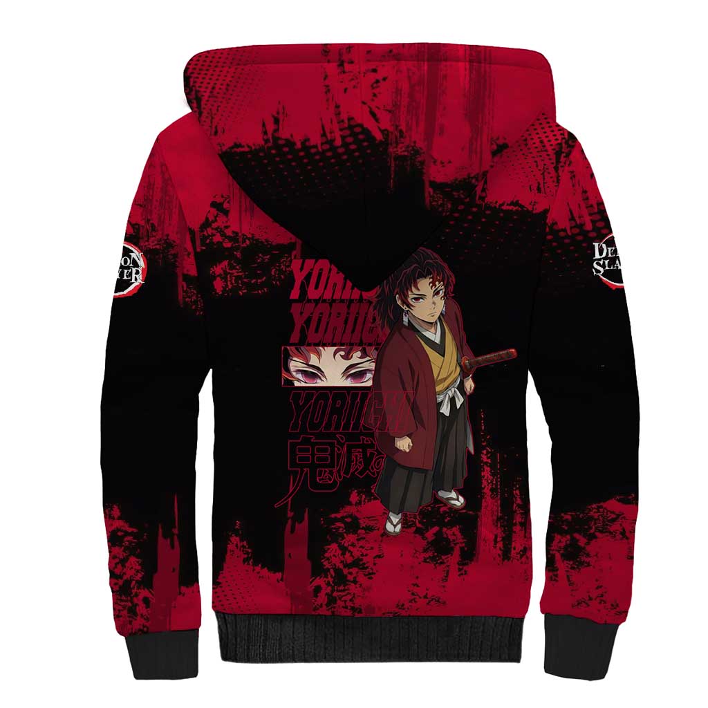 Yoriichi Tsugikuni Demon Slayer Red Grunge Design Sherpa Hoodie with Intense Eyes and Sword Stance - The Mazicc