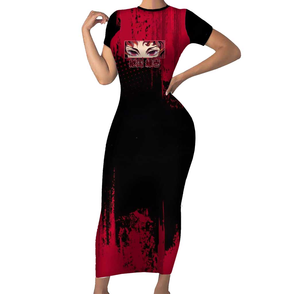 Yoriichi Tsugikuni Demon Slayer Red Grunge Design Short Sleeve Bodycon Dress with Intense Eyes and Sword Stance - The Mazicc