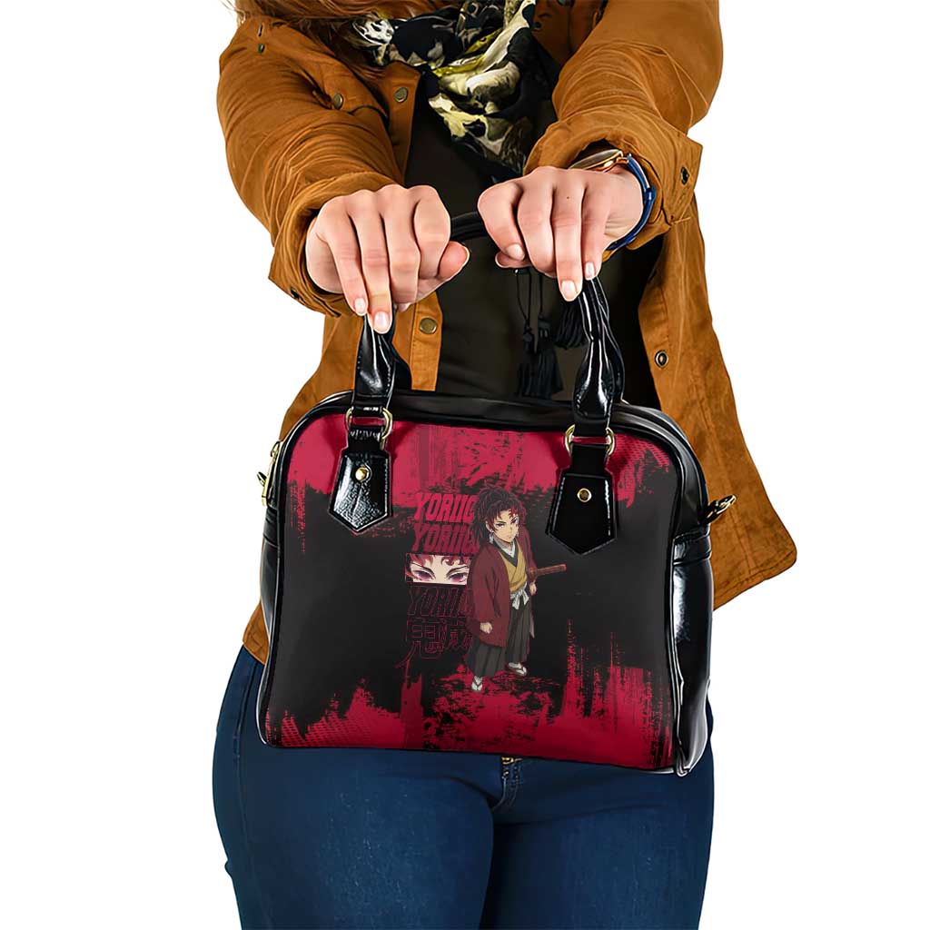 Yoriichi Tsugikuni Demon Slayer Red Grunge Design Shoulder Handbag with Intense Eyes and Sword Stance - The Mazicc