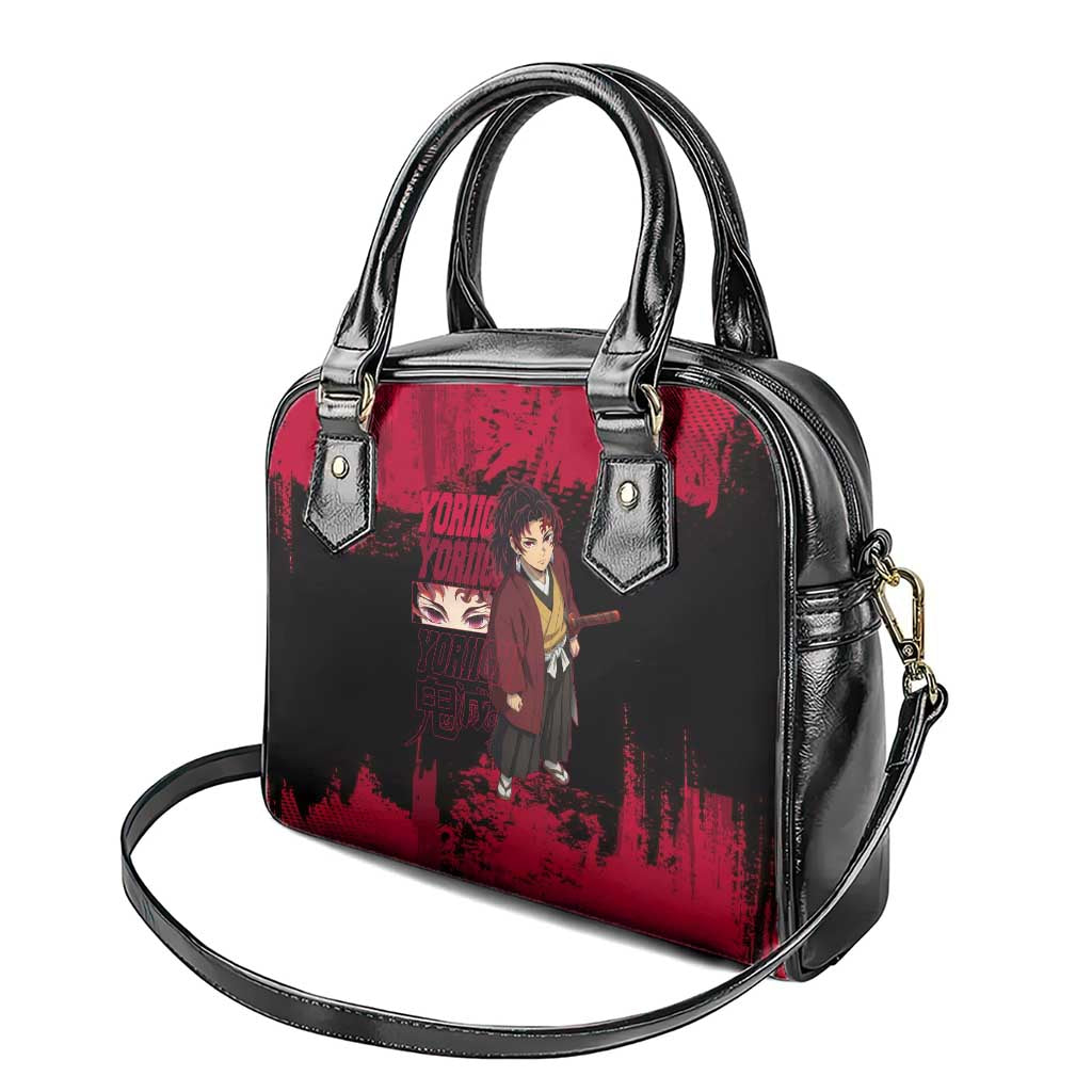 Yoriichi Tsugikuni Demon Slayer Red Grunge Design Shoulder Handbag with Intense Eyes and Sword Stance - The Mazicc
