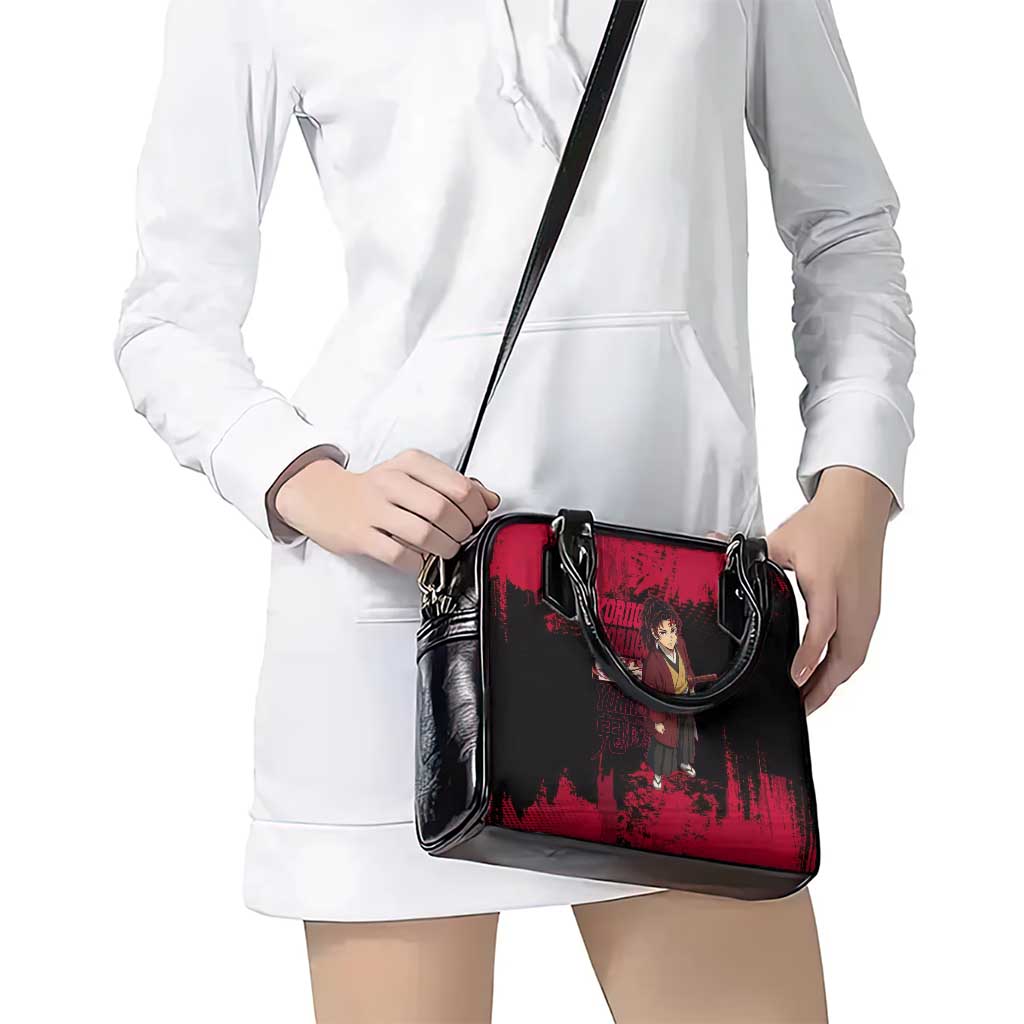 Yoriichi Tsugikuni Demon Slayer Red Grunge Design Shoulder Handbag with Intense Eyes and Sword Stance - The Mazicc