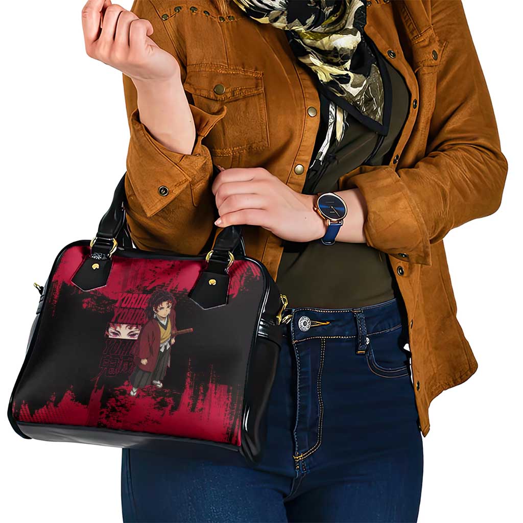 Yoriichi Tsugikuni Demon Slayer Red Grunge Design Shoulder Handbag with Intense Eyes and Sword Stance - The Mazicc