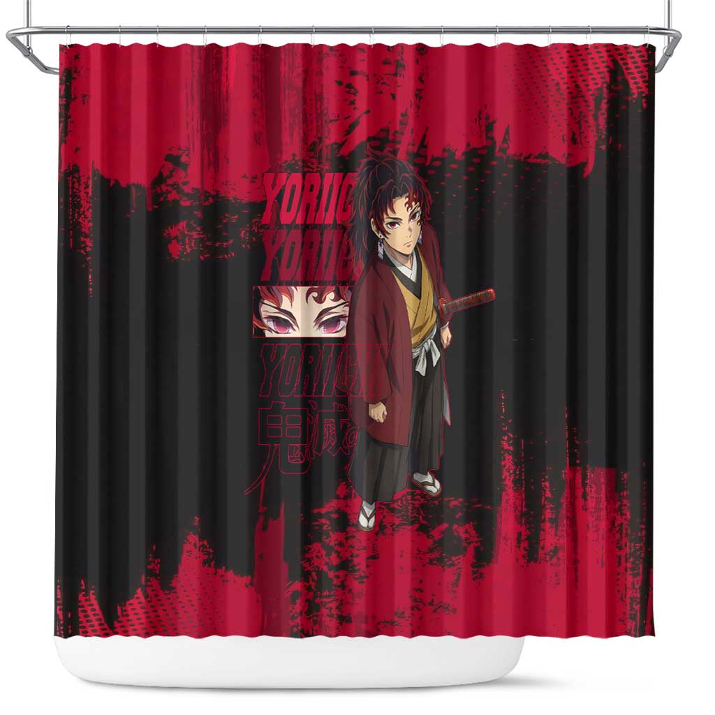 Yoriichi Tsugikuni Demon Slayer Red Grunge Design Shower Curtain with Intense Eyes and Sword Stance - The Mazicc