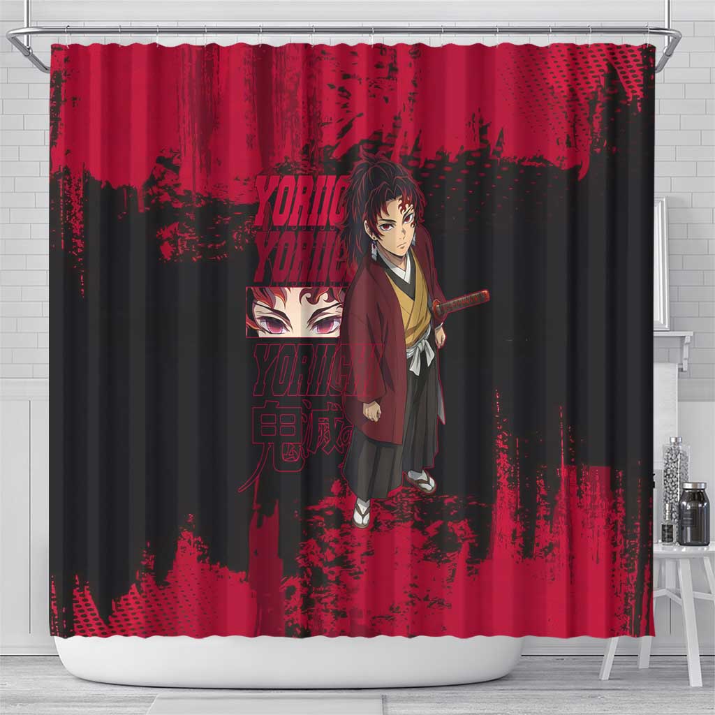 Yoriichi Tsugikuni Demon Slayer Red Grunge Design Shower Curtain with Intense Eyes and Sword Stance - The Mazicc