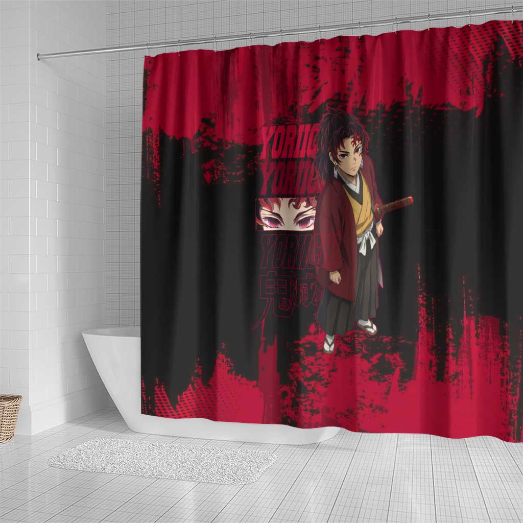 Yoriichi Tsugikuni Demon Slayer Red Grunge Design Shower Curtain with Intense Eyes and Sword Stance - The Mazicc