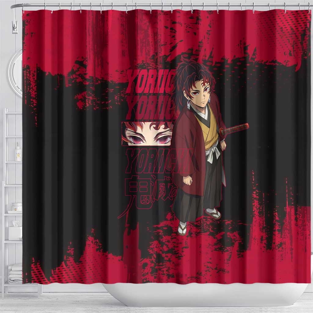 Yoriichi Tsugikuni Demon Slayer Red Grunge Design Shower Curtain with Intense Eyes and Sword Stance - The Mazicc