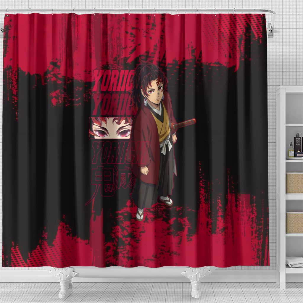 Yoriichi Tsugikuni Demon Slayer Red Grunge Design Shower Curtain with Intense Eyes and Sword Stance - The Mazicc
