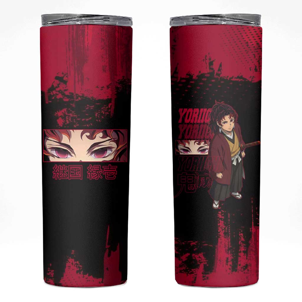 Yoriichi Tsugikuni Demon Slayer Red Grunge Design Skinny Tumbler with Intense Eyes and Sword Stance - The Mazicc