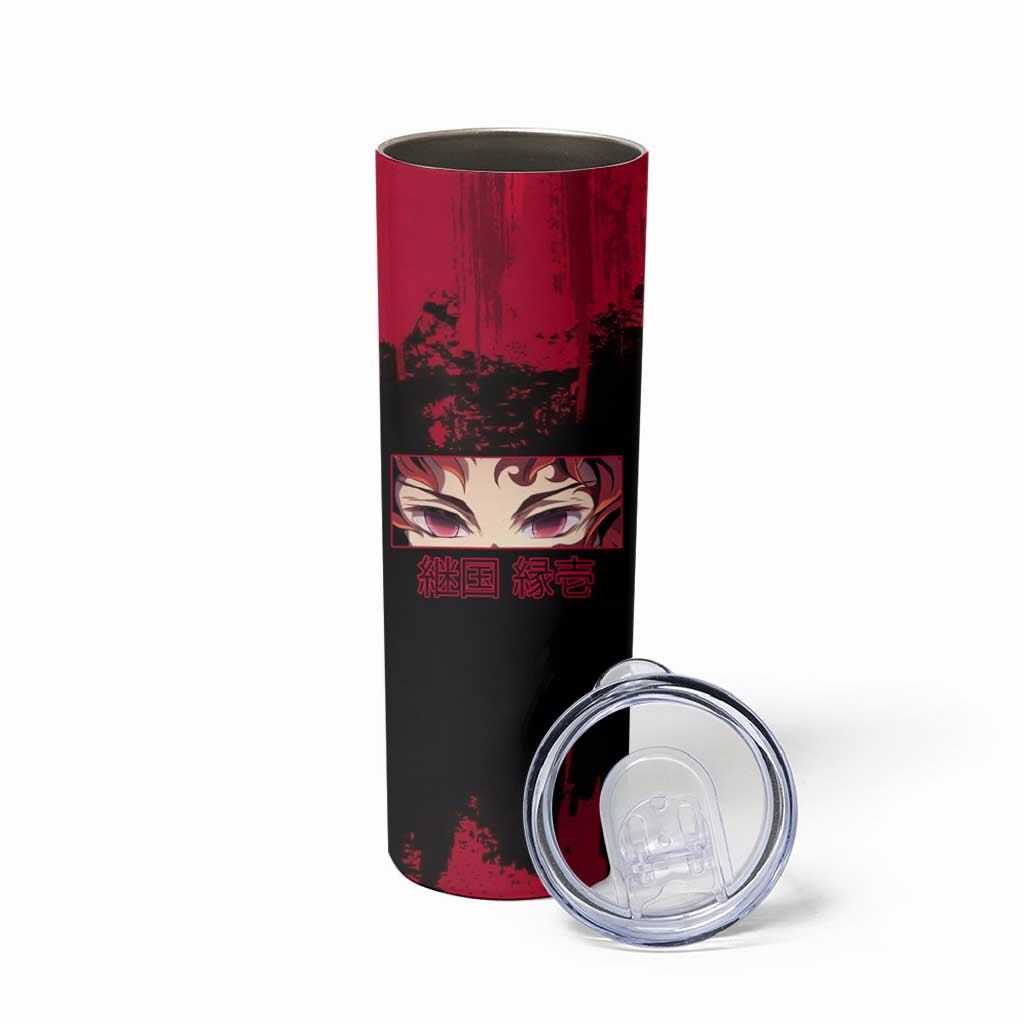Yoriichi Tsugikuni Demon Slayer Red Grunge Design Skinny Tumbler with Intense Eyes and Sword Stance - The Mazicc