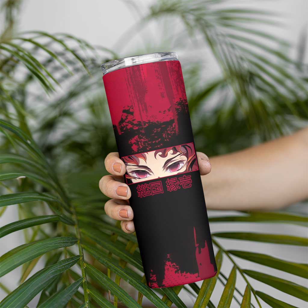 Yoriichi Tsugikuni Demon Slayer Red Grunge Design Skinny Tumbler with Intense Eyes and Sword Stance - The Mazicc