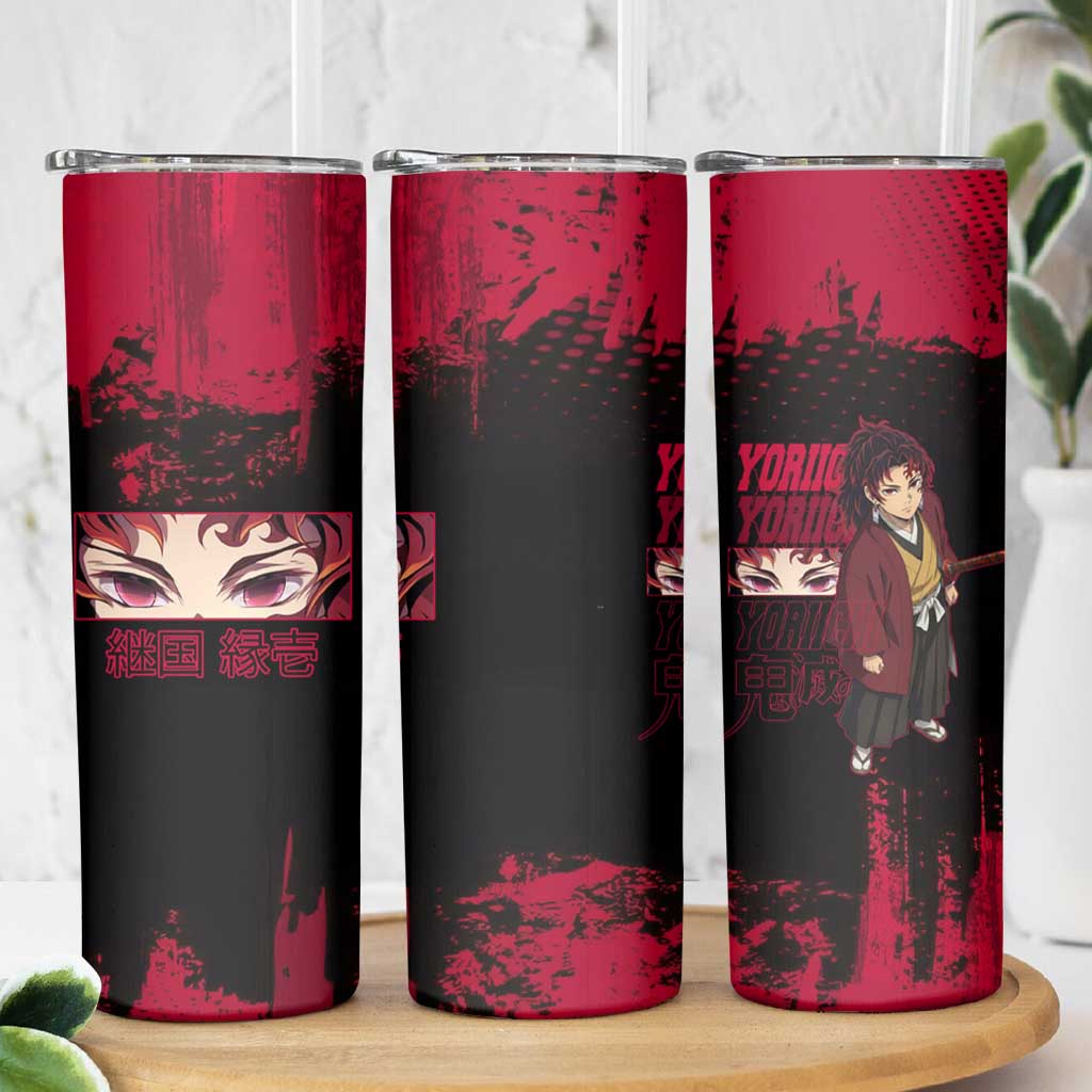 Yoriichi Tsugikuni Demon Slayer Red Grunge Design Skinny Tumbler with Intense Eyes and Sword Stance - The Mazicc