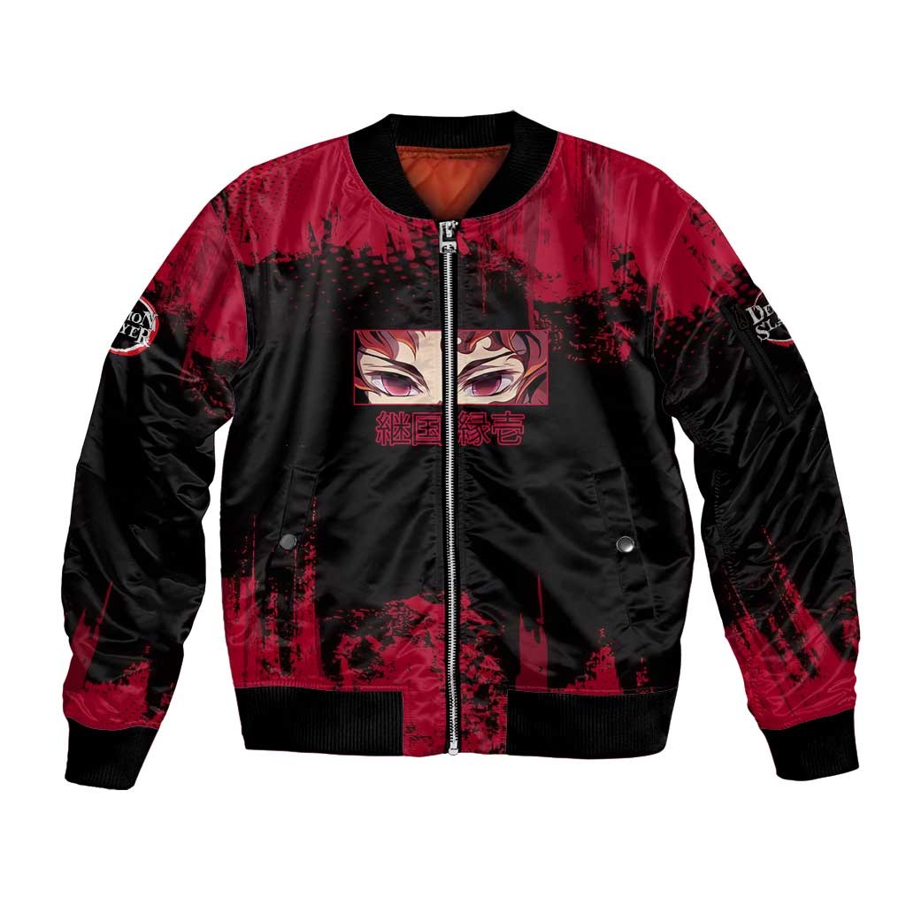 Yoriichi Tsugikuni Demon Slayer Red Grunge Design Sleeve Zip Bomber Jacket with Intense Eyes and Sword Stance - The Mazicc