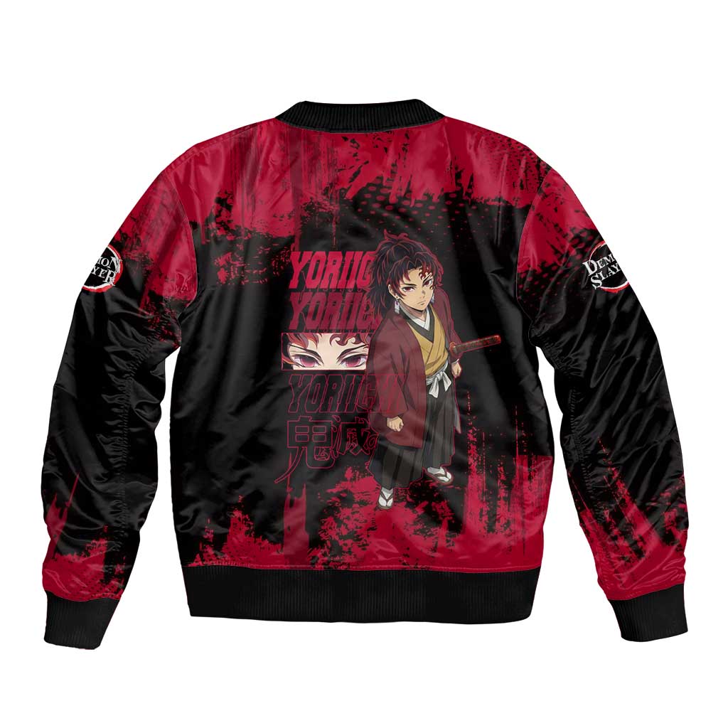 Yoriichi Tsugikuni Demon Slayer Red Grunge Design Sleeve Zip Bomber Jacket with Intense Eyes and Sword Stance - The Mazicc