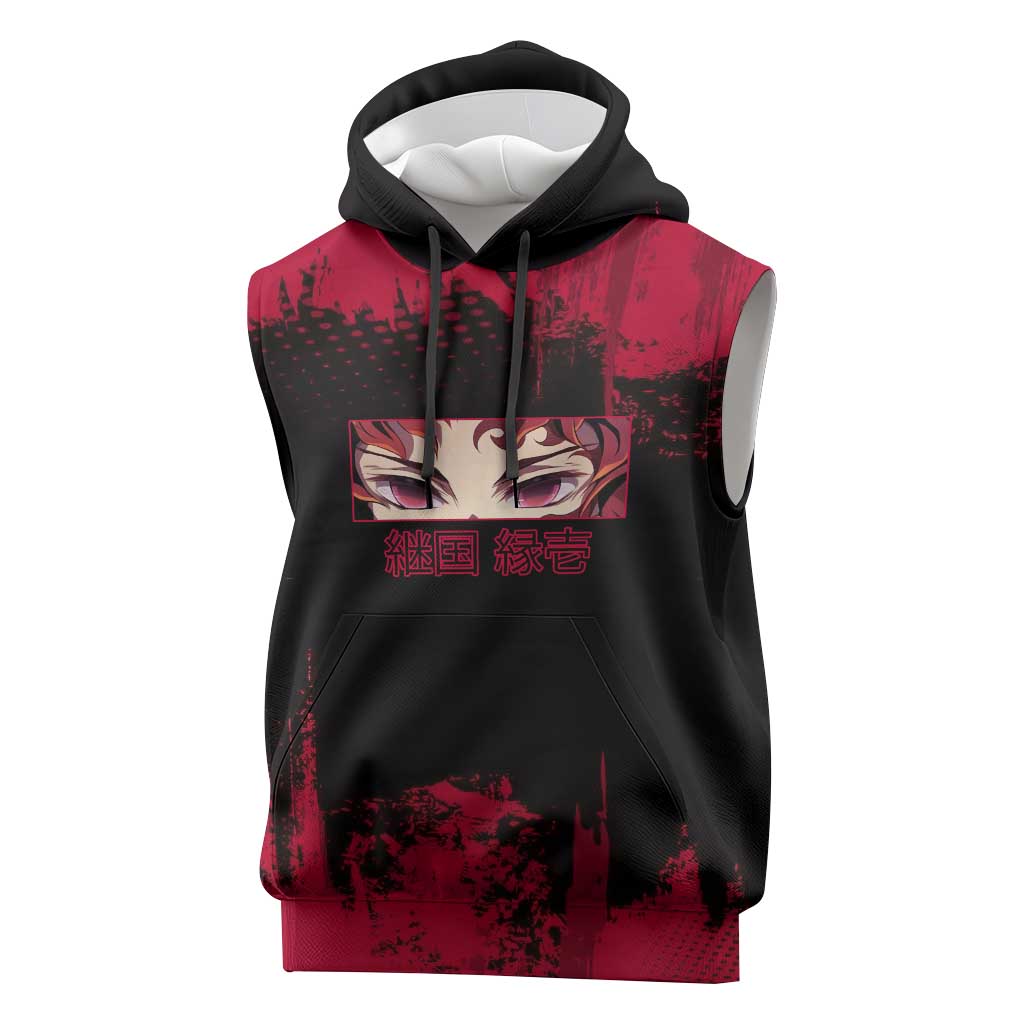 Yoriichi Tsugikuni Demon Slayer Red Grunge Design Sleeveless Hoodie with Intense Eyes and Sword Stance - The Mazicc
