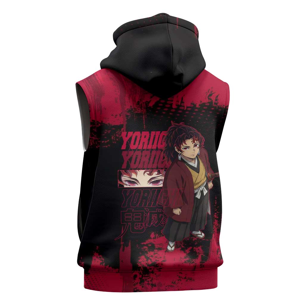 Yoriichi Tsugikuni Demon Slayer Red Grunge Design Sleeveless Hoodie with Intense Eyes and Sword Stance - The Mazicc